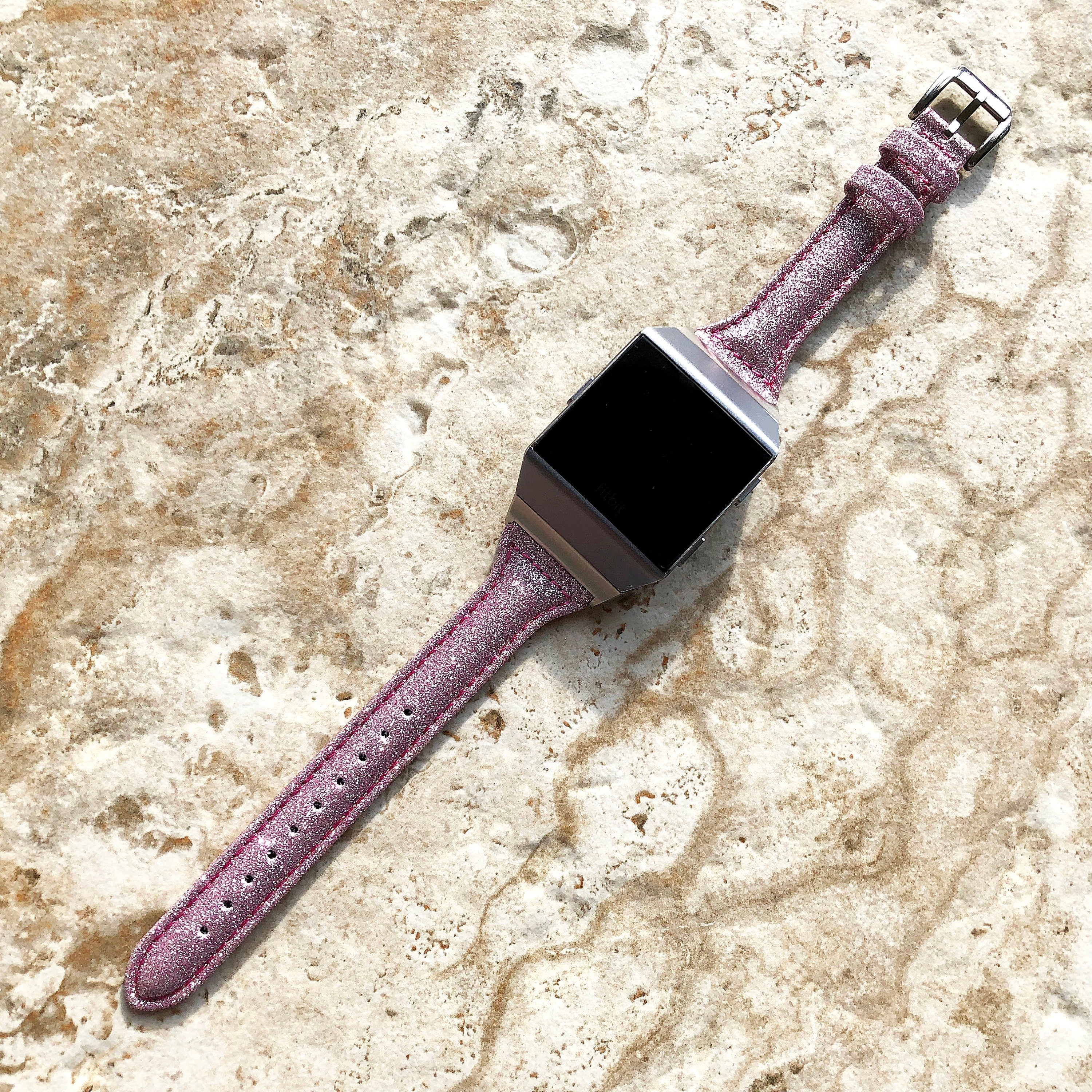 Fitbit Ionic Pink Sparkling Glitter Slim Elegant Soft Leather Band Strap Bracelet for Smartwatch Quick Adapters in Silver Rose Gold Black